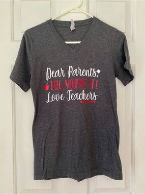 Bella Canvas Dark Gray V-Neck Tee with White & Red Teacher Graphic